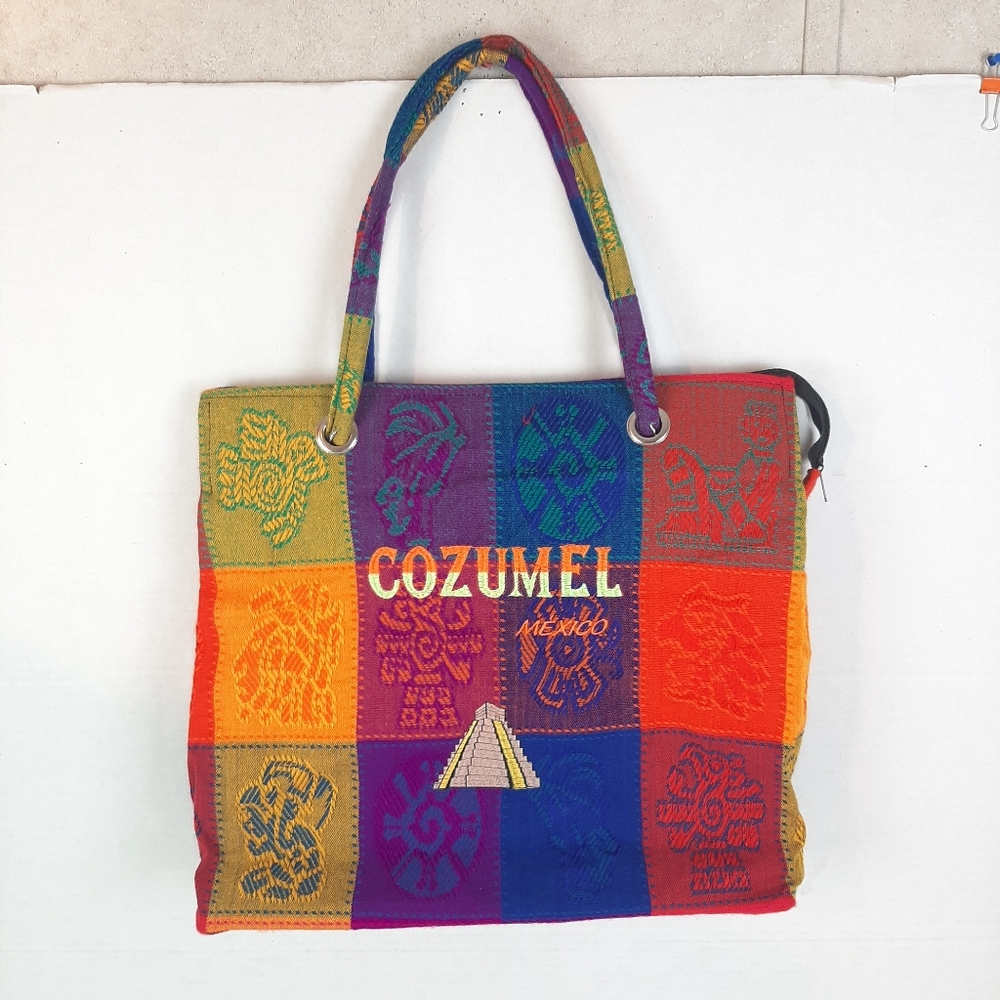 🛍Beautiful Multicolor Double Handle Zippered Tote Bag From Cozumel Mexico